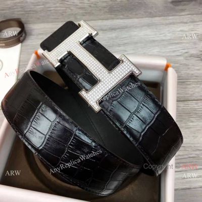 Newest Copy Hermes Men Belts Crocodile Style Belts Diamonds Buckle